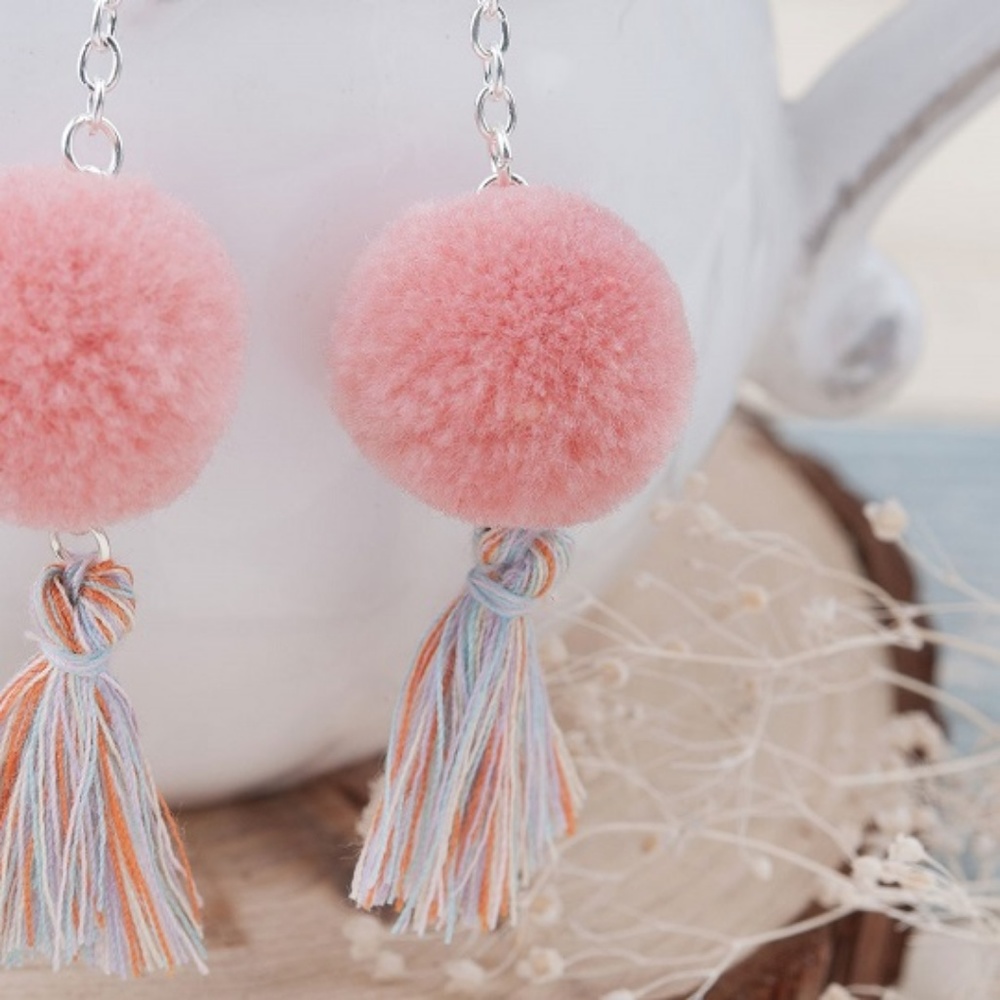 Hot Pink Soft Cute Pom Pom Silver Tassel Earrings - Picture 3 of 4